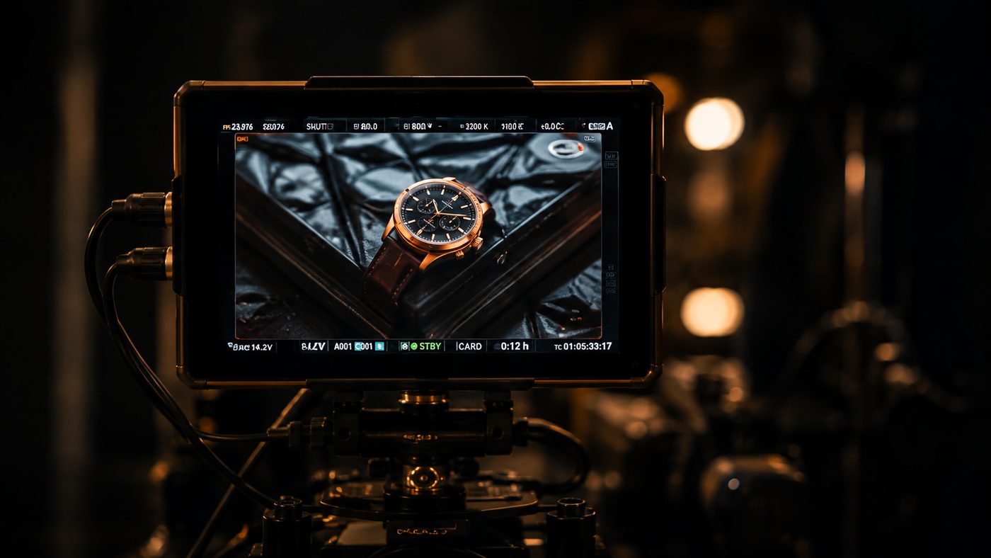A director monitor on set showing a lit product shot.