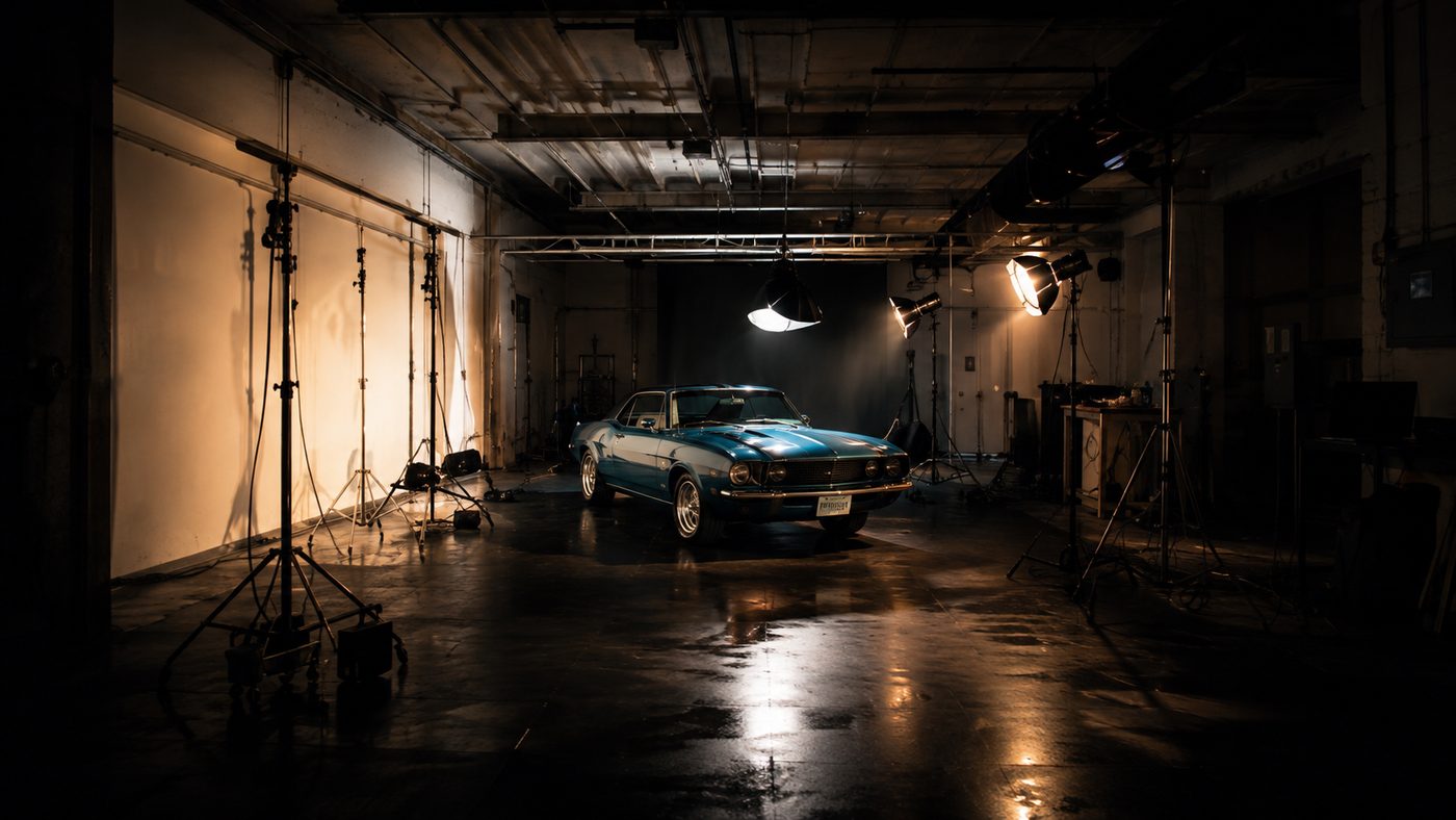 A vehicle lit on a studio floor, lighting stands and grid visible.